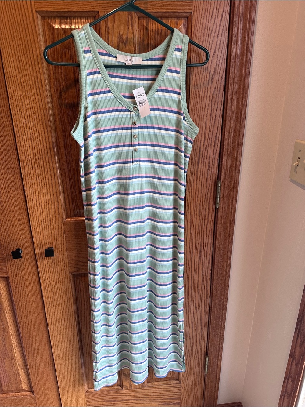 LOFT Ribbed Tank MIDI Dress Henley button top Size Small Green Stripe New Sz S